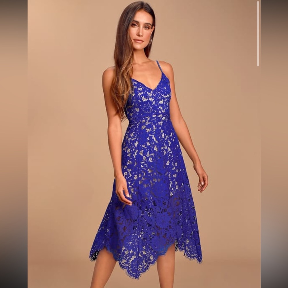 XL, Royal Blue, Lace Midi Lulu’s Dress with Nude Underlay NWT